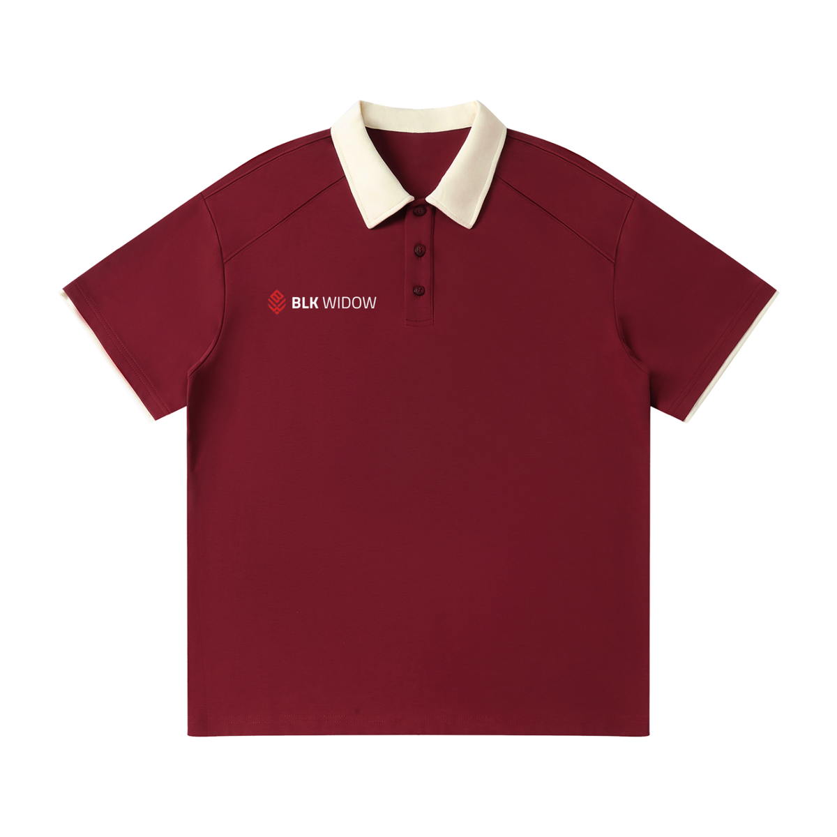 A short-sleeve polo shirt in burgundy with a contrasting cream collar and sleeve cuffs, featuring the 'BLK WIDOW' logo on the left chest. The shirt is displayed flat against a solid white background.