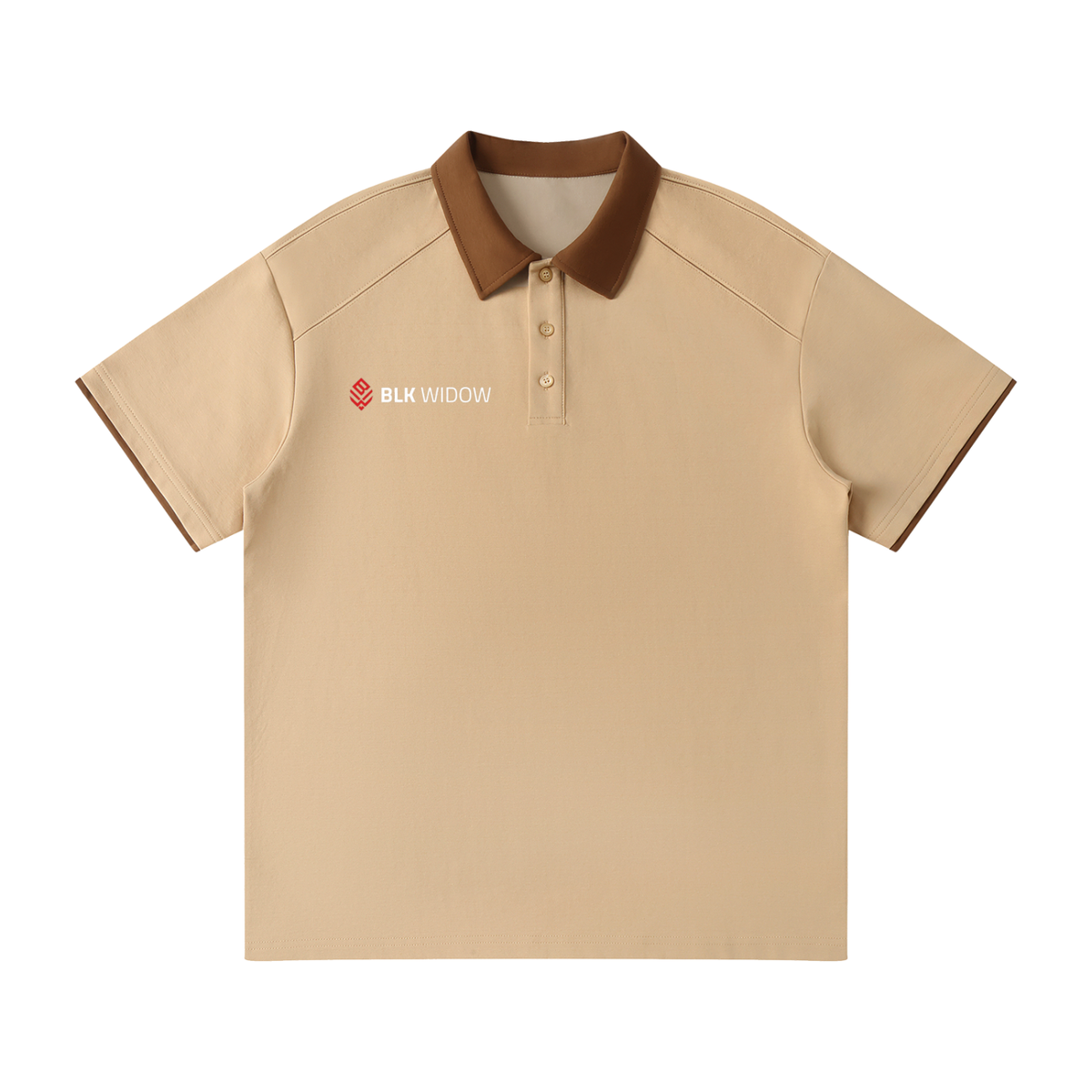 Beige polo shirt with brown collar on a white background