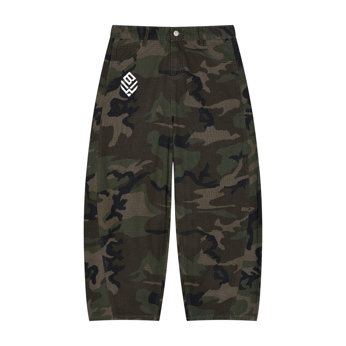 A pair of camouflage pants in a green, brown, and black camo pattern, featuring a shield patch with a cross on the right hip, shown against a plain white background.