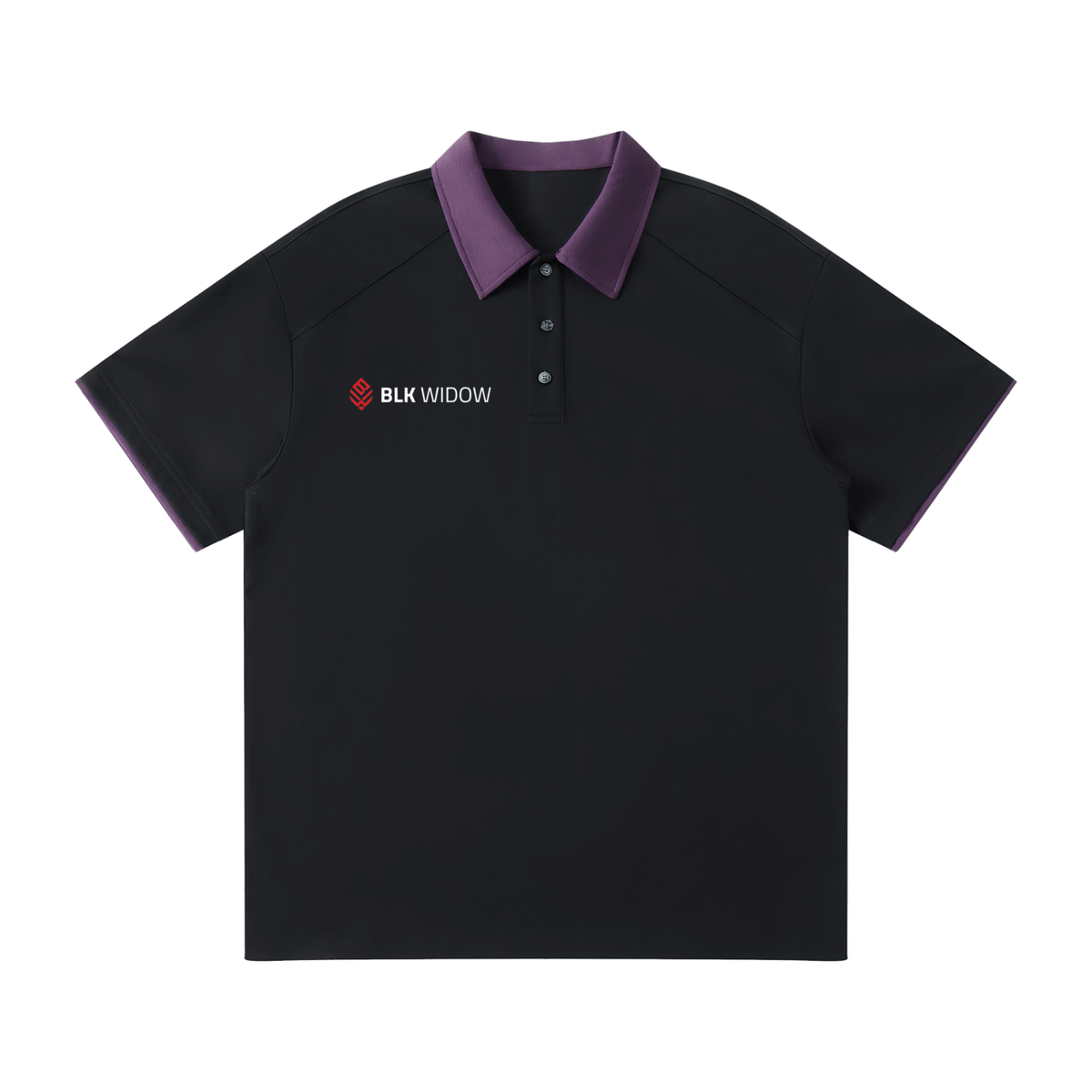 A black short-sleeve polo shirt with a contrasting purple collar and purple sleeve trim, featuring a white and red 'BLK WIDOW' logo on the left chest, displayed on a solid white background.