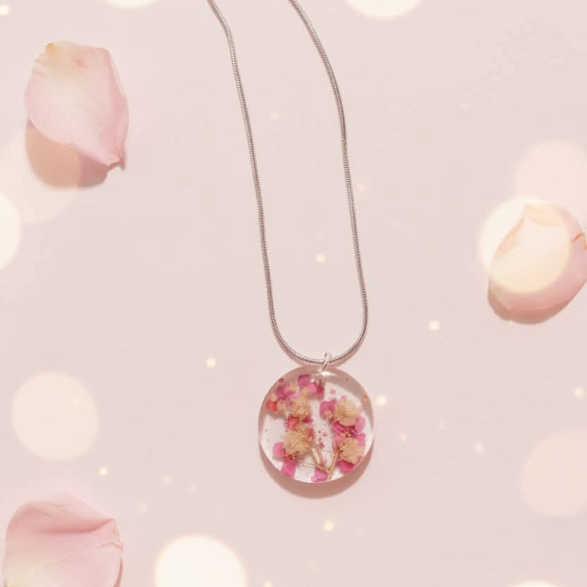 Trinket from Flora — Clear Resin Round Pendant with Pink Florals