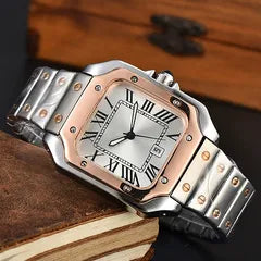 A luxury stainless steel and rose gold watch with a square bezel, Roman numeral hour markers, and a multi-link bracelet, resting on a vintage book.