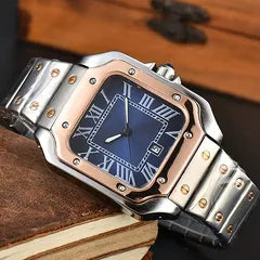 A two-tone stainless steel and rose gold watch with a blue dial and Roman numeral hour markers, resting on a vintage book.