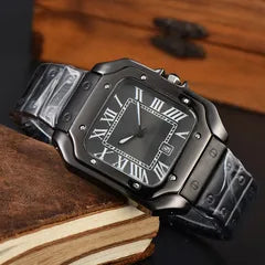 Black wristwatch with detailed design on a wooden surface