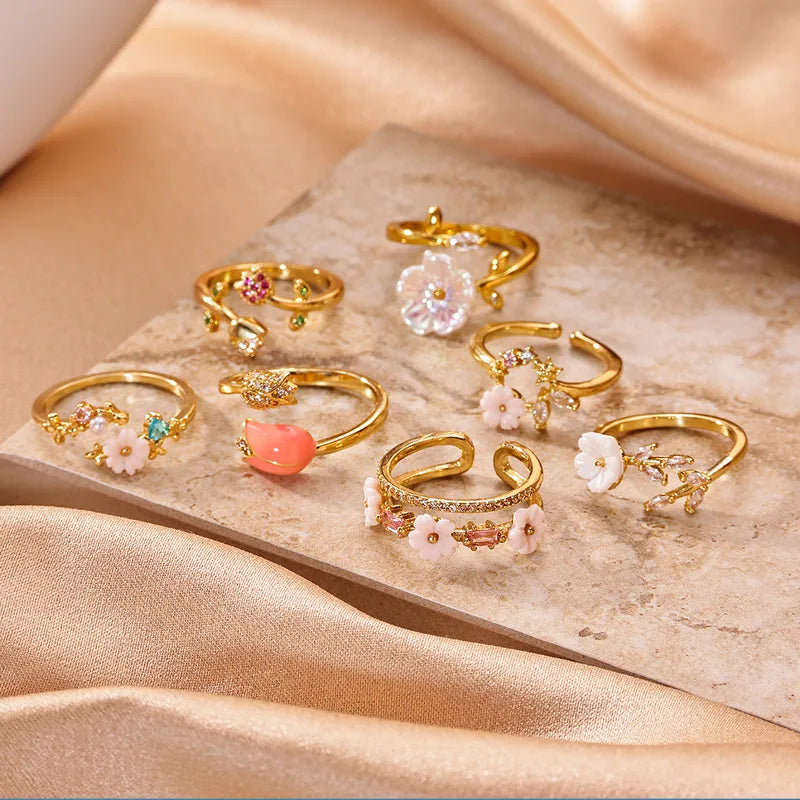 18K Gold Plated Zircon Flower Open Ring – Waterproof & Non-Tarnish