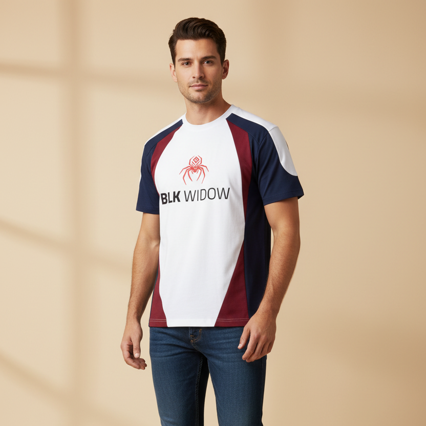 Adult male model in a studio wearing the raglan colour-block T-shirt