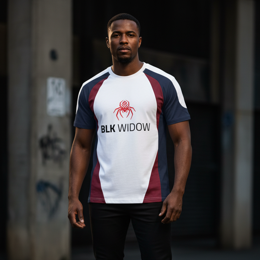 Adult male model in an urban setting wearing the raglan colour-block T-shirt
