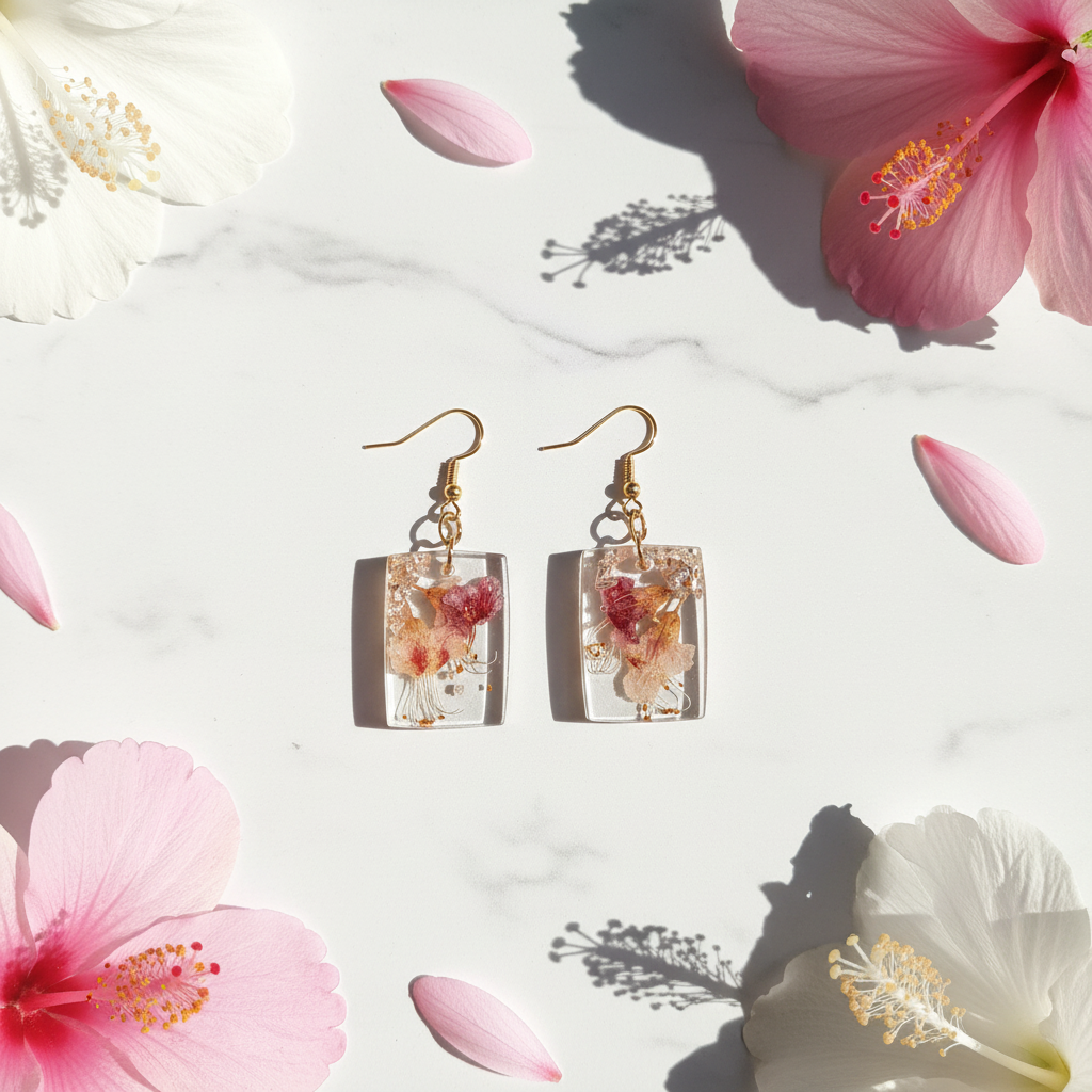 Aloha Earrings White Marble with Hibiscus