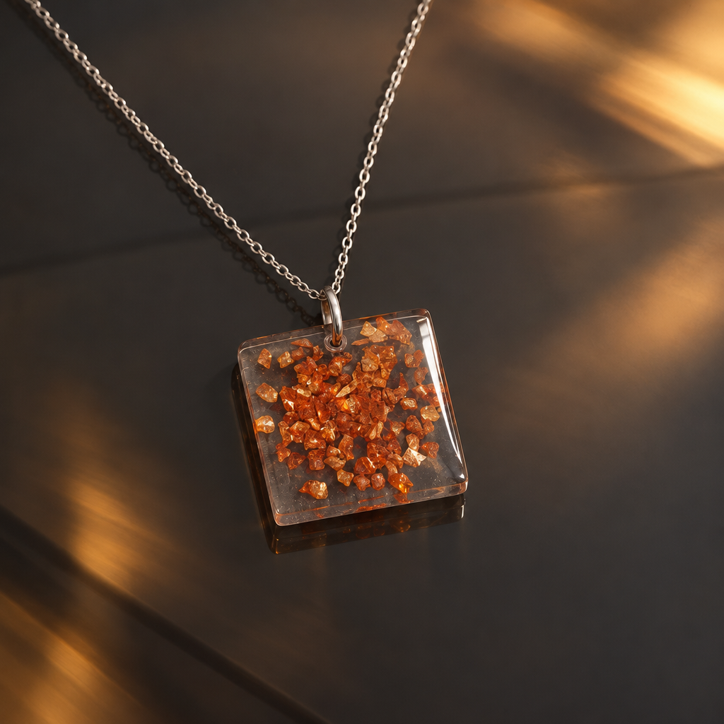 Amber Crystal pendant on a smoked-glass table