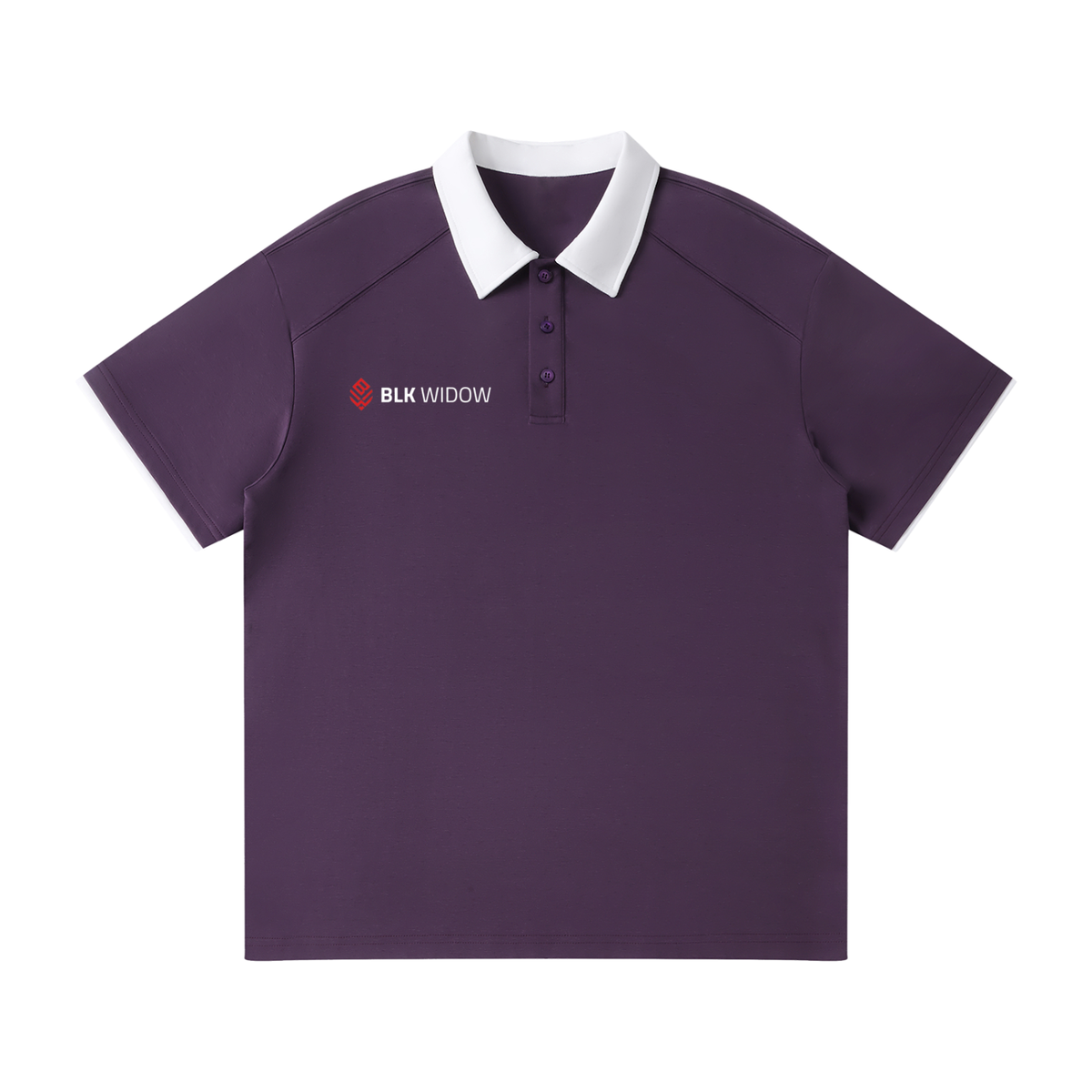 A dark purple short-sleeve polo shirt with a white collar and the 'BLK WIDOW' logo embroidered on the left chest, displayed on a clean white background.