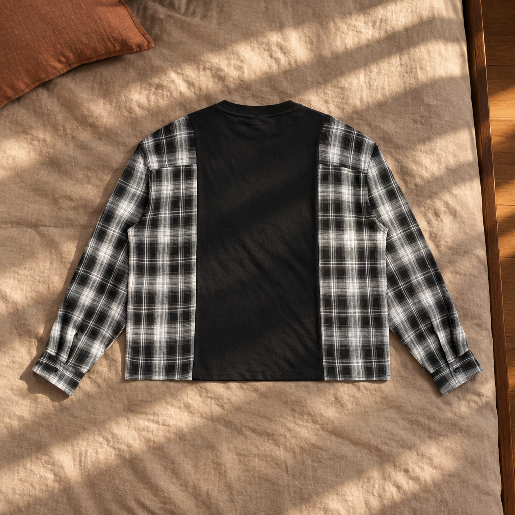 Black-and-white plaid panel T-shirt back on sunlit bedding