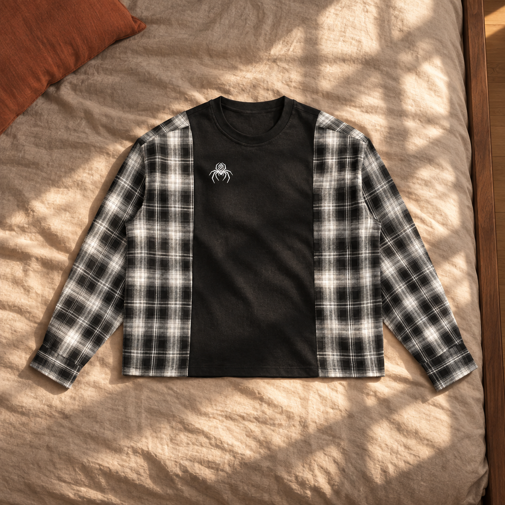 Black-and-white plaid panel T-shirt front on sunlit bedding