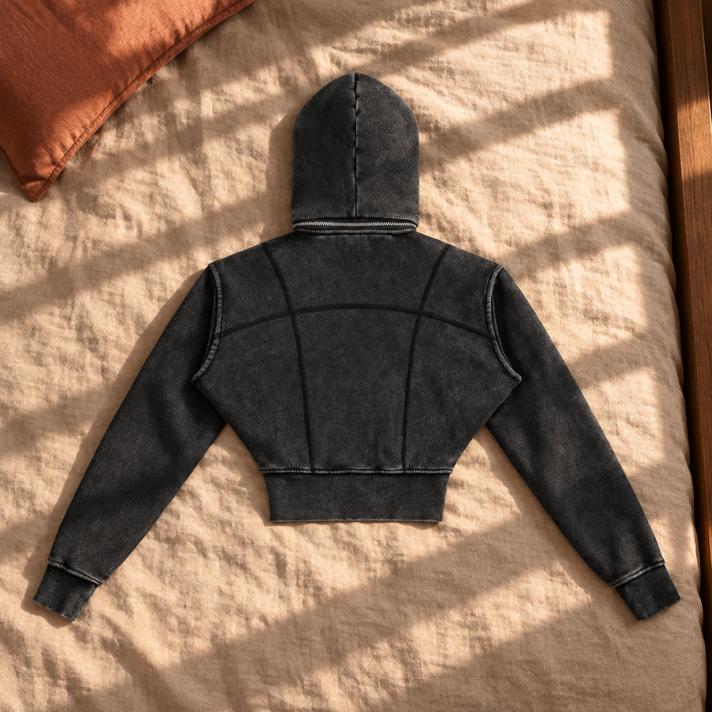 Black cropped fleece hoodie back