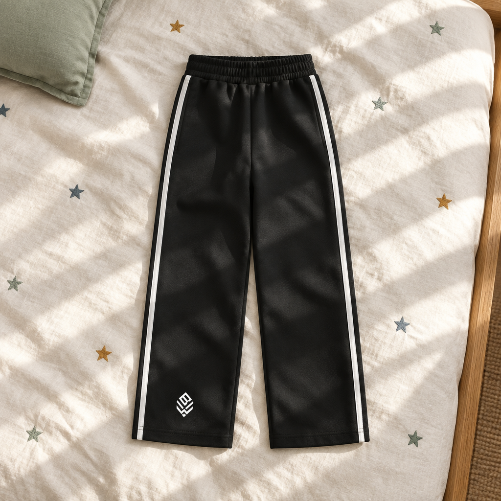 Black kids contrast tape sweatpants front