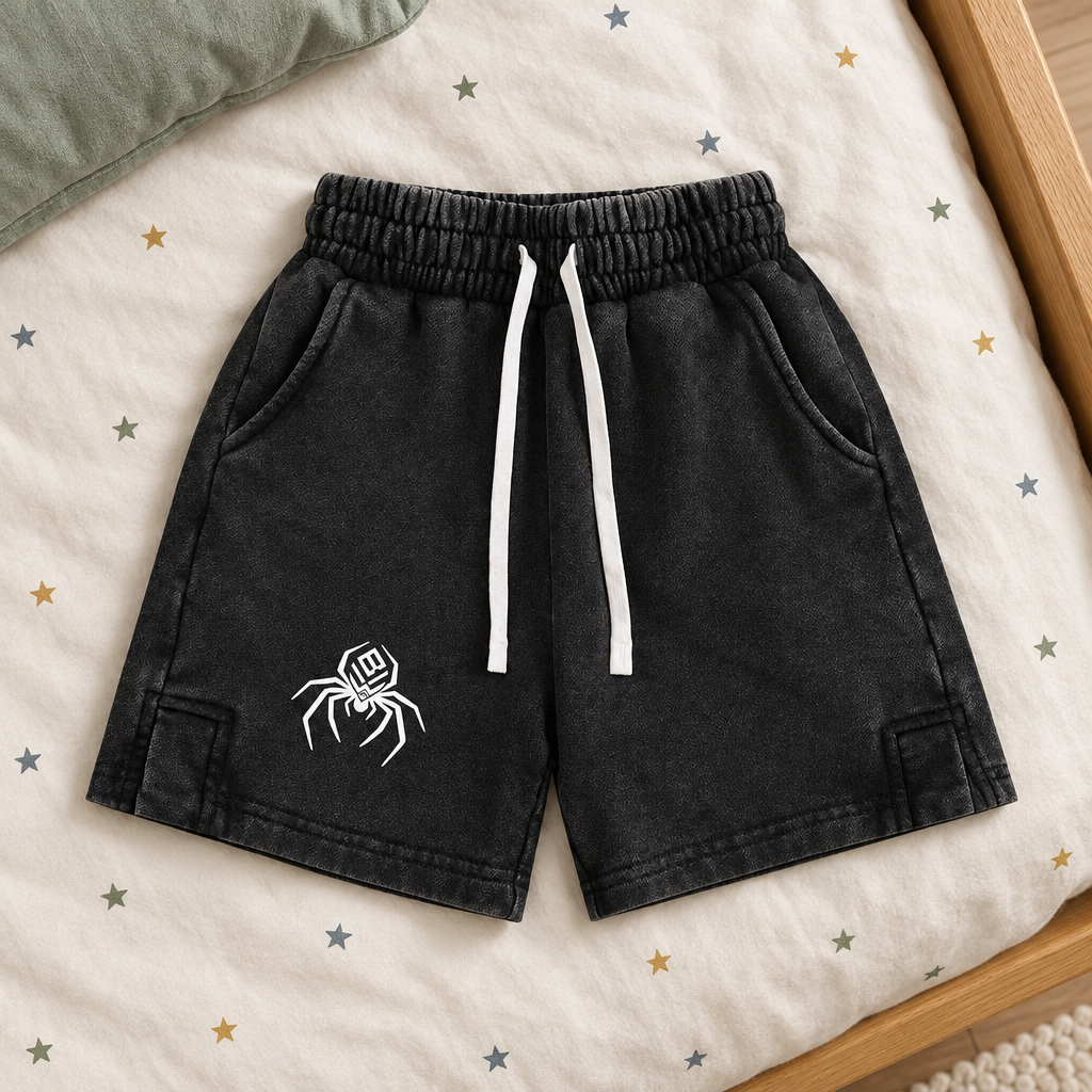 Black kids’ shorts front on star bedding