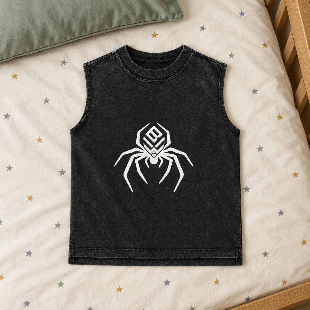 Black kids’ tank top front on star bedding