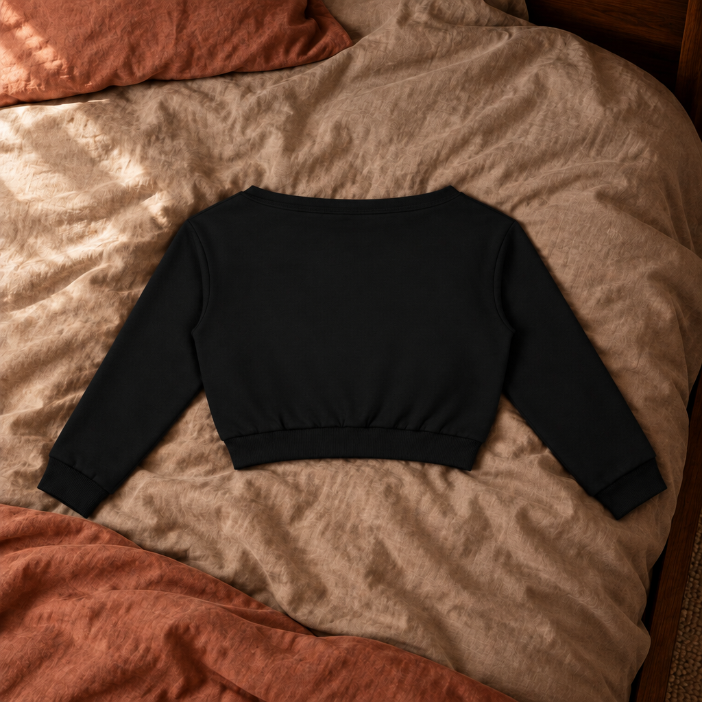 Black sweatshirt back on bedding