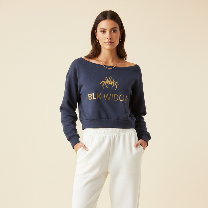 BLK WIDOW Navy Crop — White Sweatpants Co-ord