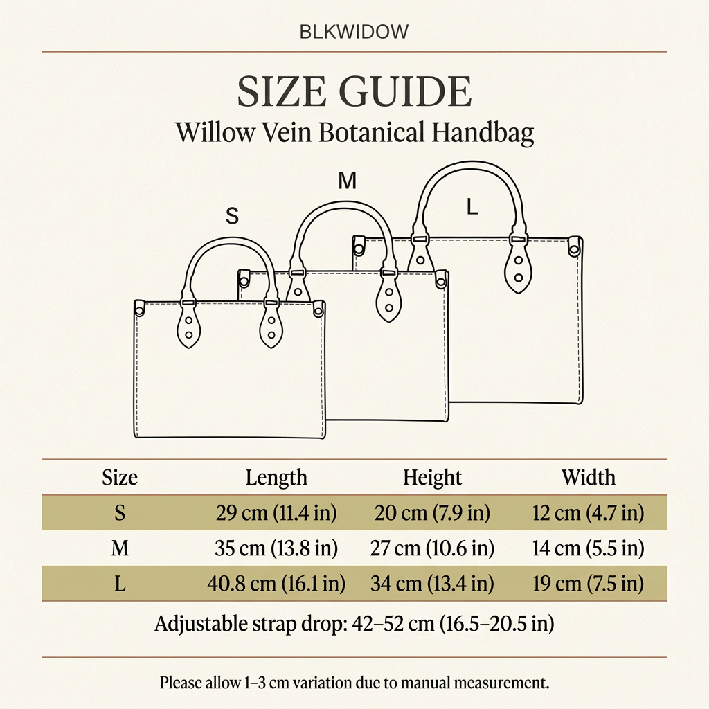 BlkWidow Willow Vein handbag size guide