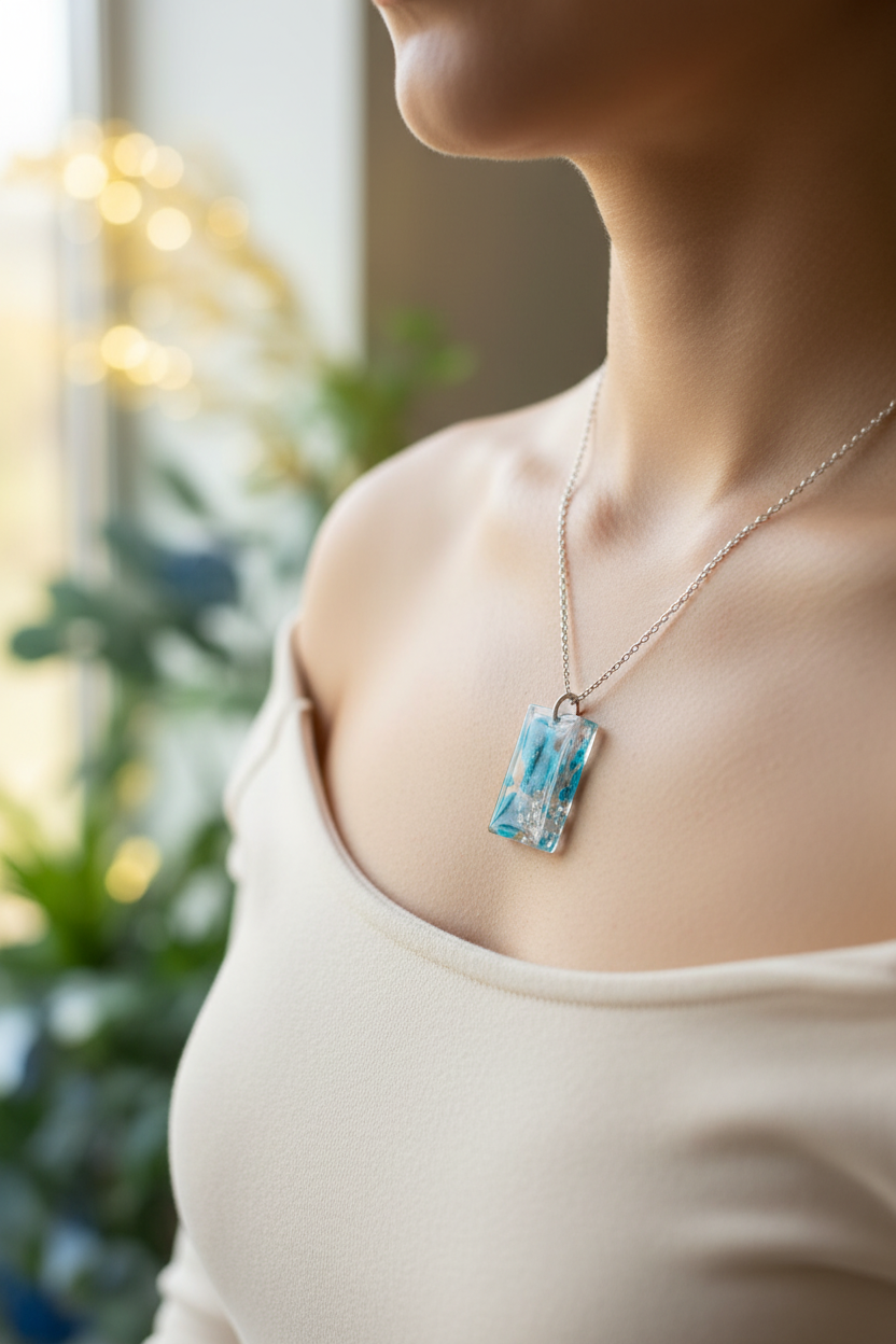 Blue Botanical Flower Resin Necklace - Lifestyle