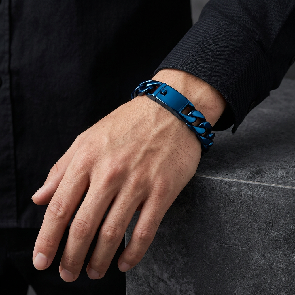 Blue bracelet on male model