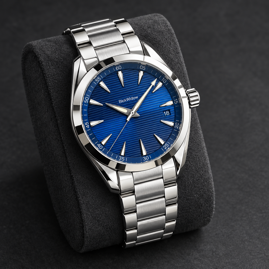 Blue-dial watch on charcoal