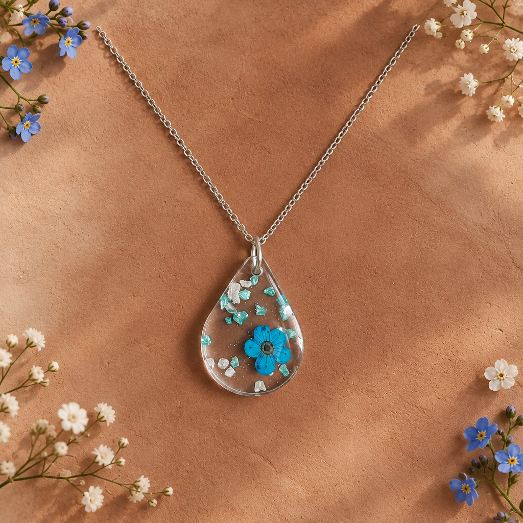 Blue Flower pendant on cream terracotta with blue and white flowers