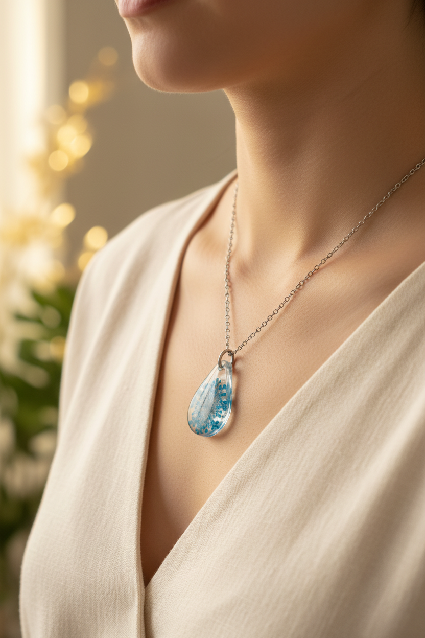 Blue Flower Resin Necklace - Lifestyle