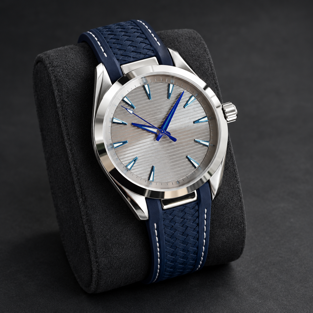 Blue-hand watch in a charcoal editorial setting