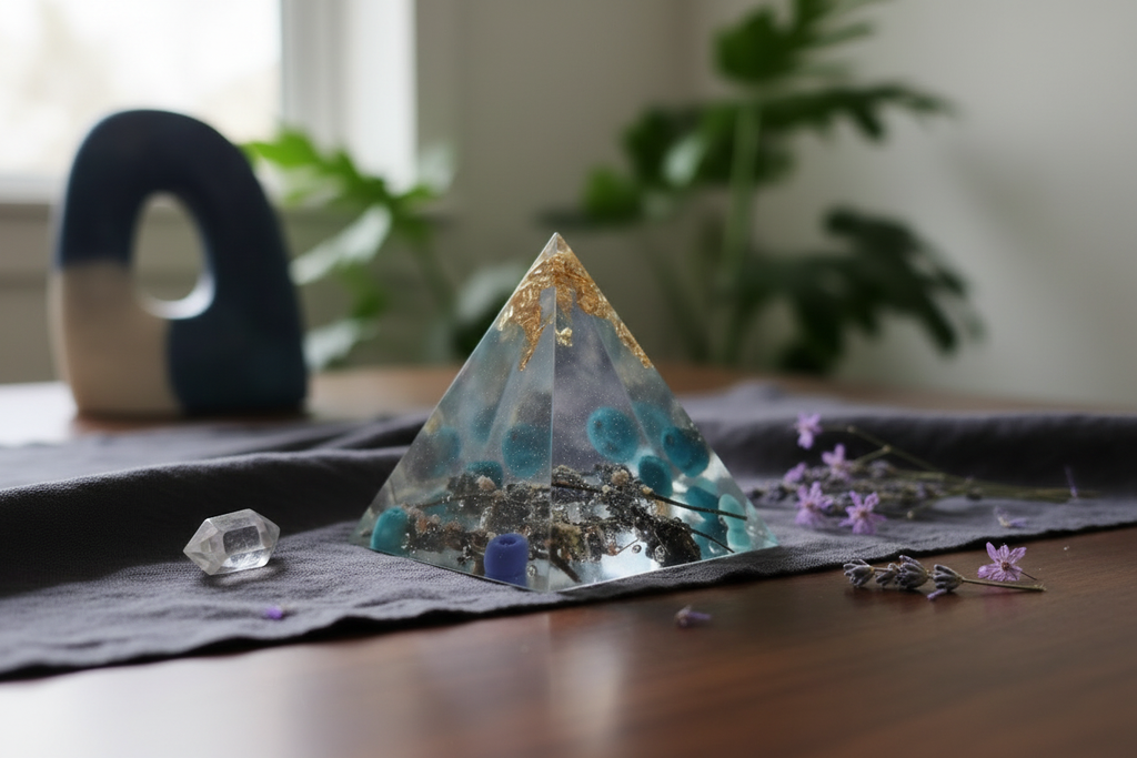 Blue Resin Pyramid - Desk Lifestyle