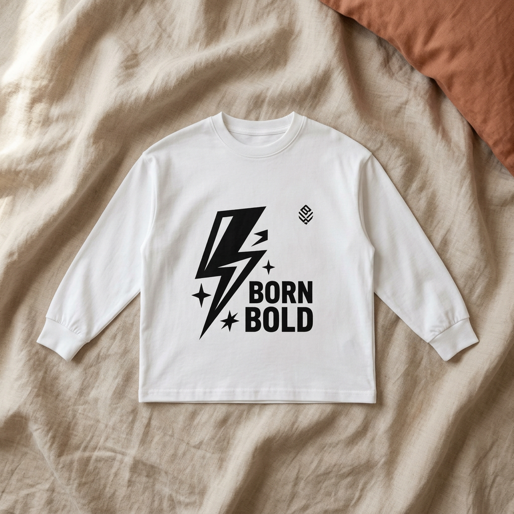 Born Bold T-shirt on natural linen bedsheets