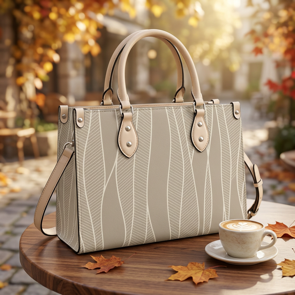 Botanical bag at an autumn café with cappuccino and fallen leaves