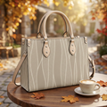 Botanical bag at an autumn café with cappuccino and fallen leaves