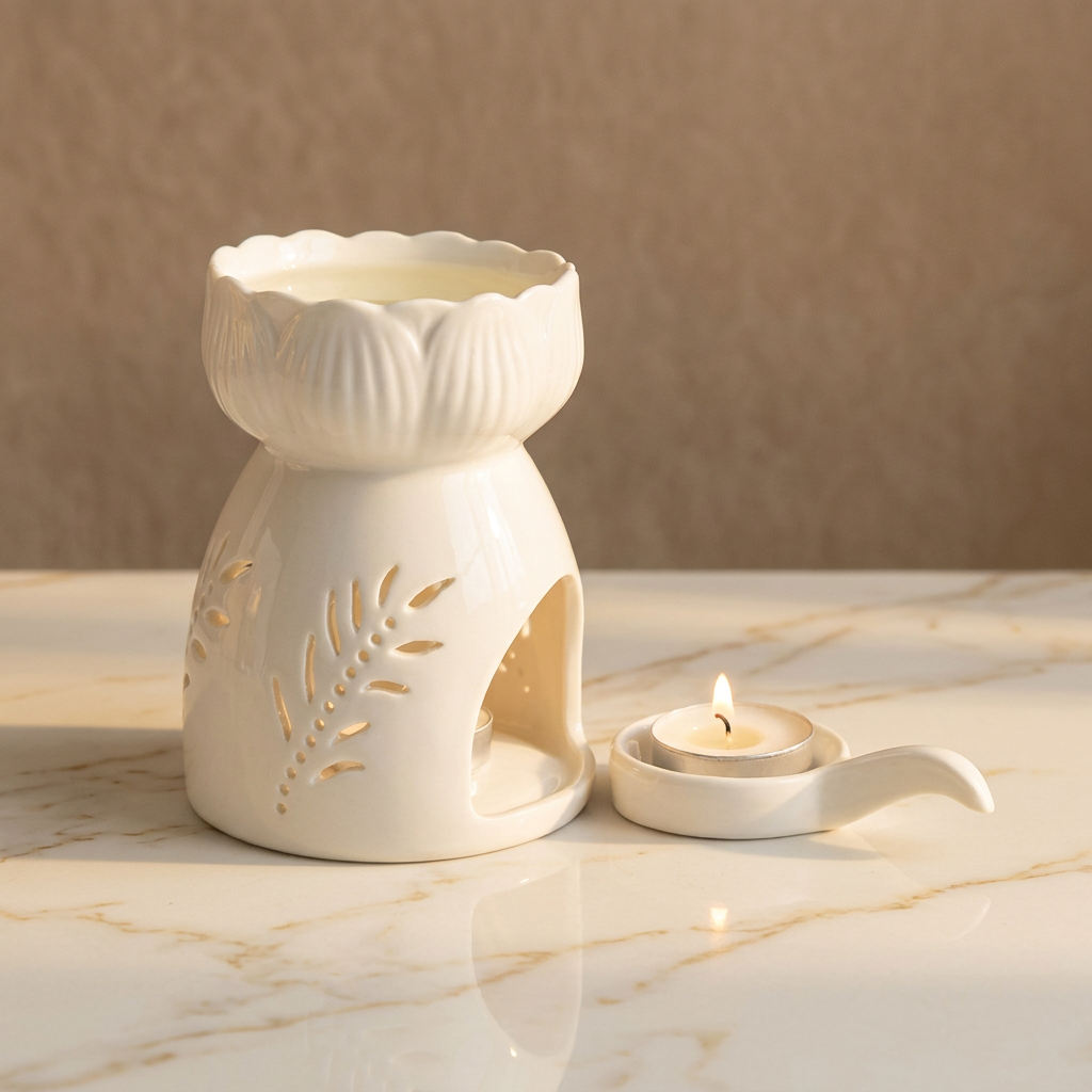 Botanical-cutout ceramic holder and handled dish in a warm marble setting