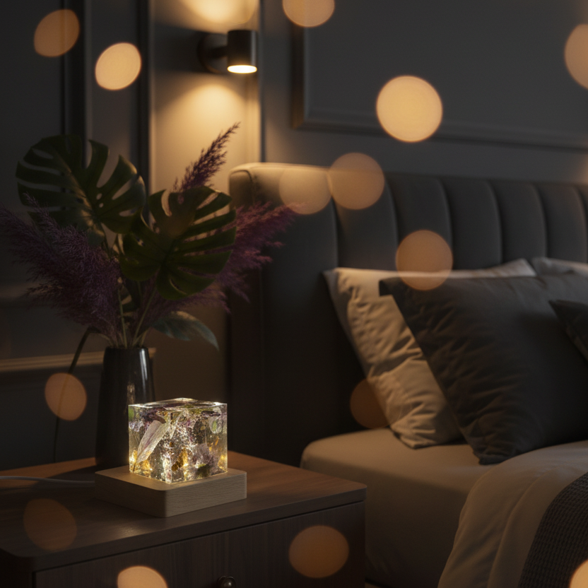 Botanical Resin Lamp — Dark Luxury Bedroom