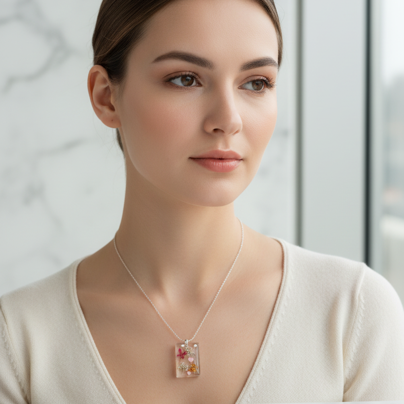 Botanical Resin Necklace Worn by Model