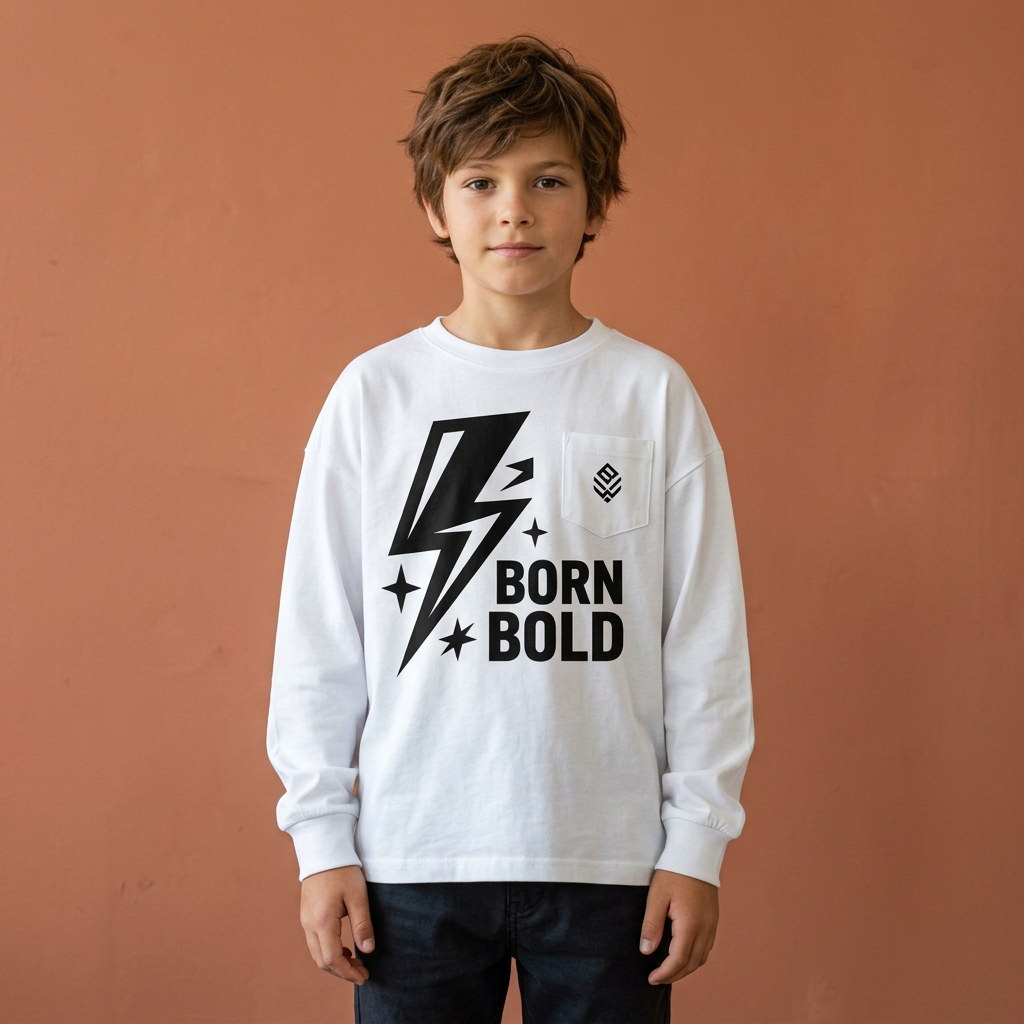 Boy wearing the Born Bold long-sleeve T-shirt