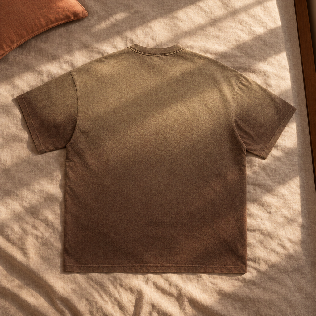 Brown gradient washed T-shirt back on sunlit bedding