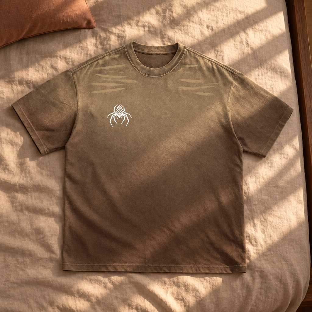 Brown gradient washed T-shirt front on sunlit bedding