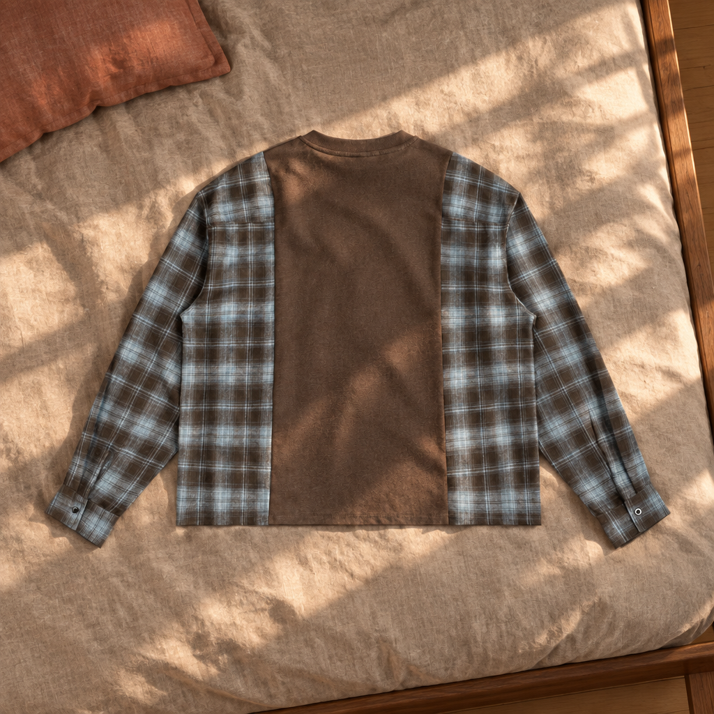Brown plaid-panel T-shirt back on sunlit bedding