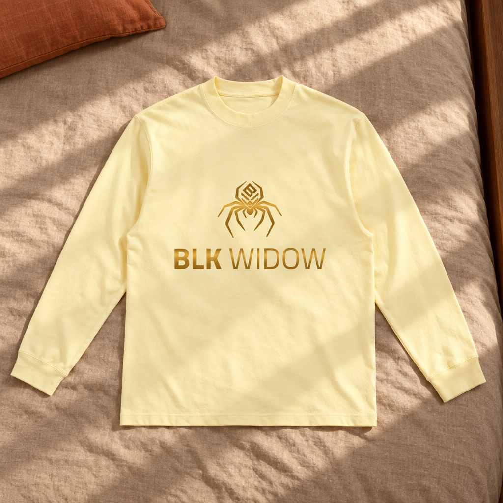 Butter-yellow long-sleeve T-shirt front on sunlit bedding