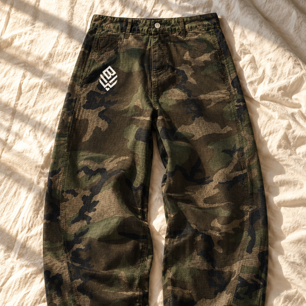 Camo trousers laid on a cream bed