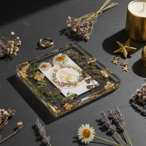 Decorative tray with floral design, rings, and candles on a dark surface with dried flowers.