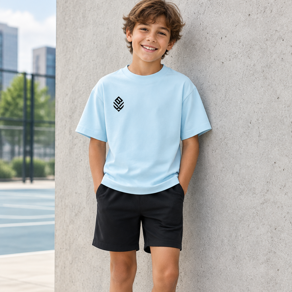 Child model wearing blue crewneck T-shirt