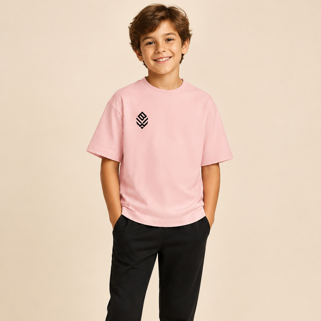 Child model wearing pink crewneck T-shirt