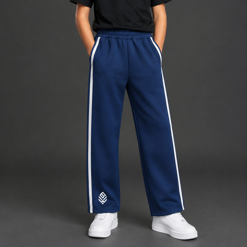 Child model wearing Royal Blue contrast-tape sweatpants