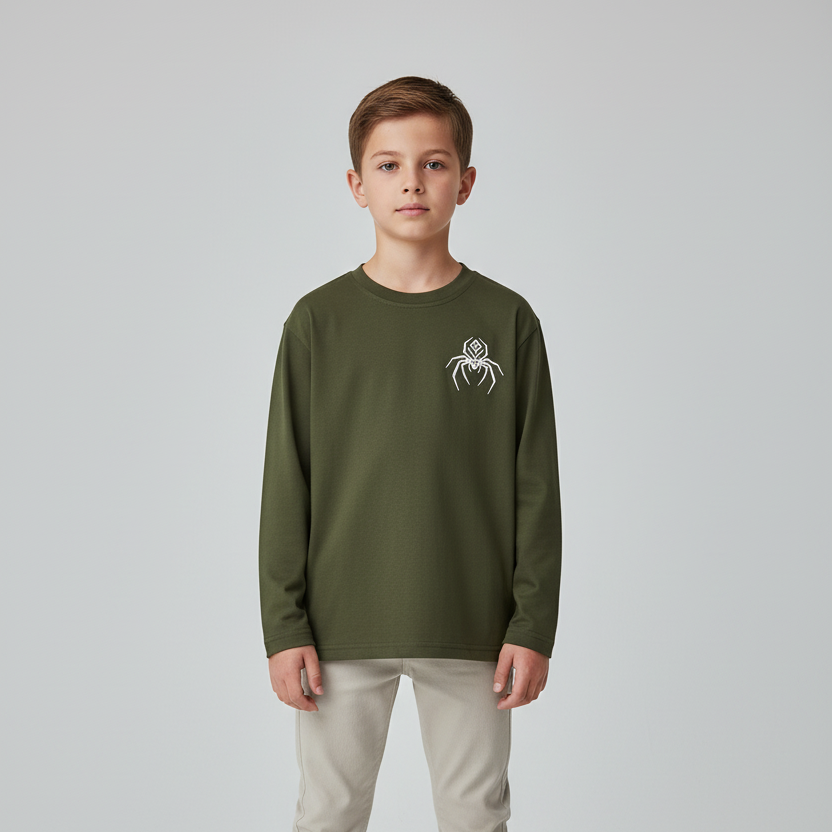 Child model wearing the olive-green logo T-shirt