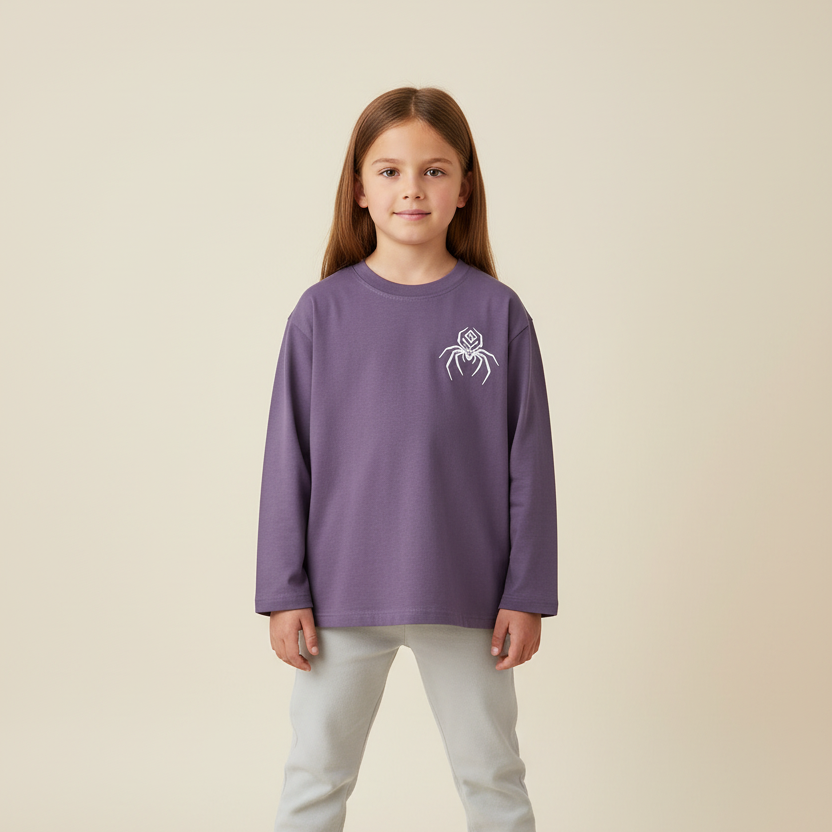Child model wearing the purple logo T-shirt