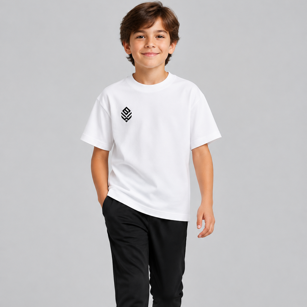 Child model wearing white crewneck T-shirt