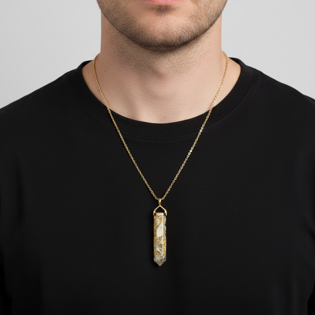 Clear gold resin pendant on male model